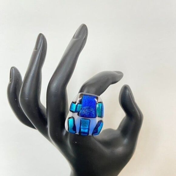 Artisan Handmade Dichroic Glass Blue black Statement Ring 8.5 - Picture 3 of 6